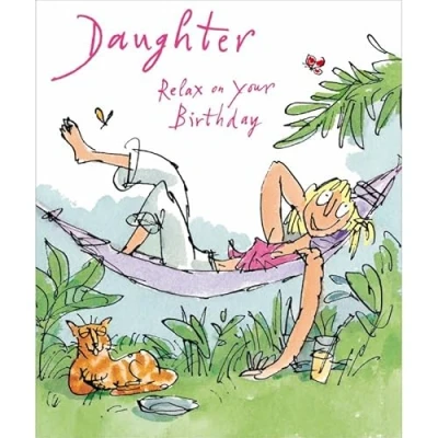 Image of Woodmansterne Daughter Birthday Card Lady Relaxing in Hammock by Quentin Blake Eco Friendly and Recyclable