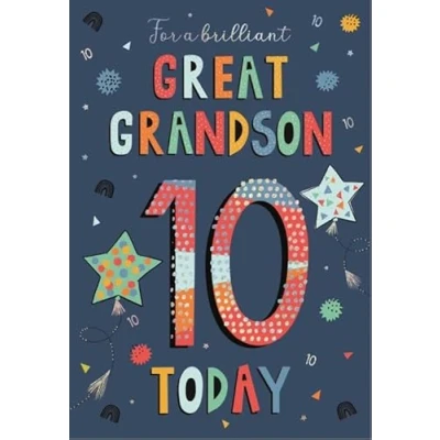 Image of Great Grandson 10th Birthday Card Age 10 Special Finishes Colourful Contemporary Design Made in the UK