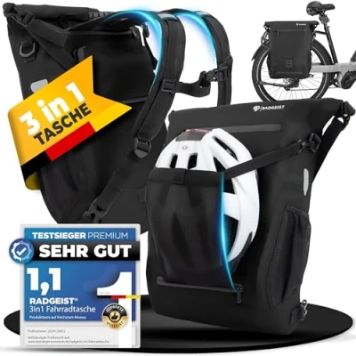 Image of RADGEIST 3 in 1 Bicycle Bag for Pannier Rack, Rack Bag, Backpack &amp; Shoulder 18 22L, Bicycle, 100% Waterproof, Black