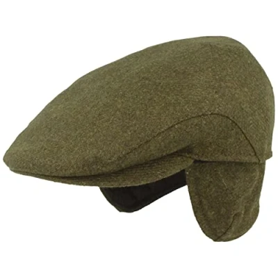Image of Breiter Men&#039;s Winter Flat Cap with Ear Flaps, Cap, Peaked 100% Wool Fold Out Protection, Hat, Skin Friendly and Comfortable, Olive Plain, 7 1/4