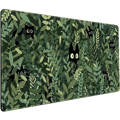 Image of Cute Anime Cats Desk Mat Green Leaves Kawaii Mousepad XXL Extended Large Gaming Mouse Pad Cat, Aesthetic Laptop Keyboard for Women Office Gamer Girl Decor 31.5x15.75 in