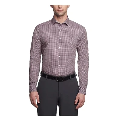 Image of UNLISTED Men&#039;s Dress Shirt Slim Fit Checks and Stripes (Patterned), Burgundy, 17&quot; 17.5&quot; Neck 32&quot; 33&quot; Sleeve