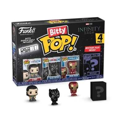 Image of Funko Bitty Pop! Marvel Loki 4PK Loki, Black Panther, Iron Man (VII) and A Surprise Mystery Mini Figure 0.9 Inch (2.2 Cm) Comics Collectable Stackable Display Shelf Included