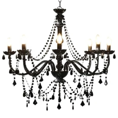 Image of vidaXL Antique Style Chandelier with Black Beads, Suitable for E14 Bulbs, Candle Like Bases, Ideal Home and Commercial Use