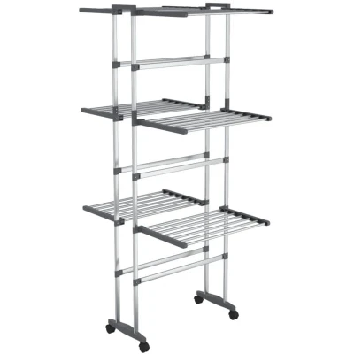 Image of vidaXL 3 Tier Laundry Drying Rack with Wheels Silver 60x70x129 cm