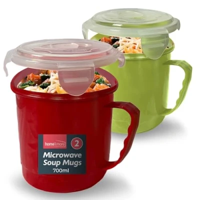 Image of 2pk Soup Containers with Lids Microwavable Mug Lid 700ml Microwave Bowl Dishwasher Safe Cup Mugs for Home &amp; Office Leak Proof
