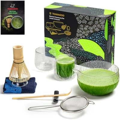 Image of TEANAGOO Matcha Set Whisk Bowl with Pouring Spout Scoop Holder Tea Making Kit. Japanese (7pcs) + 2Cups(5.6oz),S21,Clear Glass,Color Box Packing…