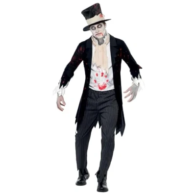 Image of Smiffys Till Death Do Us Part Zombie Groom Costume, Black Jacket with Waistcoat, Scarf, Trousers and Top Hat, Halloween Alley Fancy Dress, Dress Up Costumes