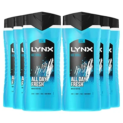 Image of 6 Pack of 500ml Lynx 3 in 1 Ice Chill All Day Fresh with Icy Menthol Body wash Wash, 225ml Plant based Moisturisers Dermatologically Tested, Keep Smelling Irresistible!