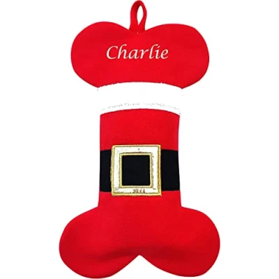 Image of Hoolaroo Personalised Dog Christmas Stocking Embroidered With Name Xmas Santa Pet Stockings Bone Shaped Belt Style Red