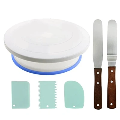 Image of TIMESETL 28cm Rotating Cake Turntable + 2pcs Icing Smoother with Wood Handle 3pcs Side Scraper for Easy Frosting Decorating Making