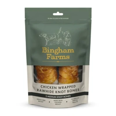 Image of Bingham Farms Chicken Wrapped Rawhide Knot Bone Dog Treat Dental Chew, Nutritious, Natural Flavour, High Protein Medium 2 pk 160 g