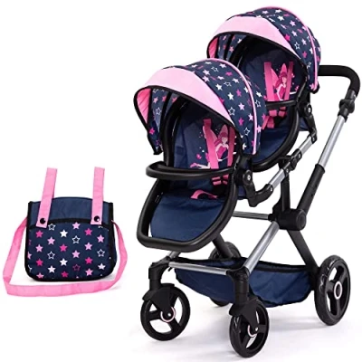Image of Bayer Design 26716AA Twin Dolls pram, Carriage, Adjustable Handle, Bag, Blue, Pink, Stars