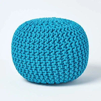Image of HOMESCAPES Teal Blue Knitted Pouffe Footstool Bean Filled 100% Cotton for Living Room Children or the Elderly
