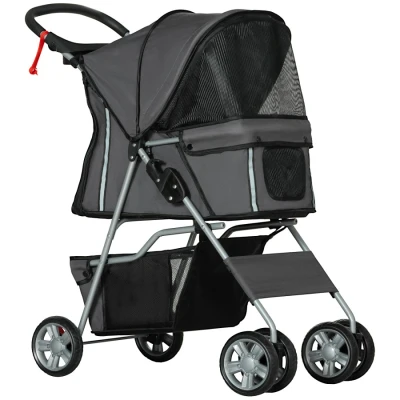 Image of PawHut Pet Stroller for Small Miniature Dogs Cats Foldable Travel Carriage with Wheels Zipper Entry Cup Holder Storage Basket Grey