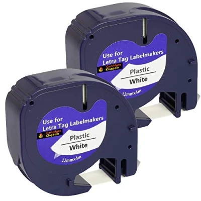 Image of Cartridges Kingdom 2 Compatible 91201 S0721610 12mm x 4m Black on White Plastic Label Tapes for DYMO LetraTag Printers