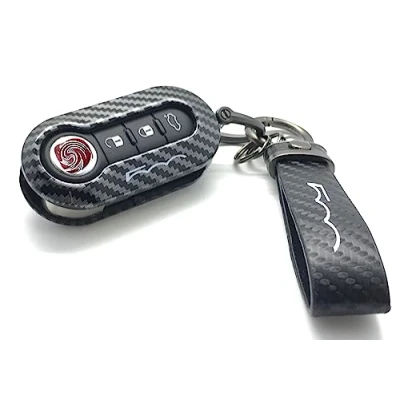 Image of Nordecco Glossy Key Fob Case Compatible with Fiat 500C 500 500L Abarth Grande Punto Brava Panda Stilo Linea (Black Ring, Carbon Fiber Print 3D)
