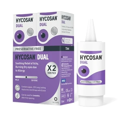 Image of Hycosan Dual Twin Pack Double Action Eye Drops with Hyaluronic Acid and Ectoin for Soothing Relief of Itchy, Burning or Dry Eyes Due to Allergens Preservative Free 2x225 Measured Drops.