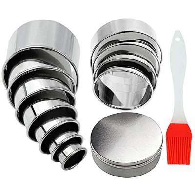 Image of 13Pcs Round Cookie Cutter Pastry Cutters Biscuit Ring Scone with Silicone Brush Storage Tin Stainless Steel Circle for Donut Fondant Baking DIY Cake