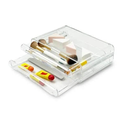 Image of Addis Oval Style 2 Pull Out Drawer Clear Acrylic Stationary Cosmetic Storage Organiser Box,