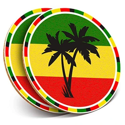 Image of 2 x Round Coasters Jamaica Rasta Palm Tree Flag Cork Backed Home Kitchen Accessory Tea Coffee Mug Mat #5649
