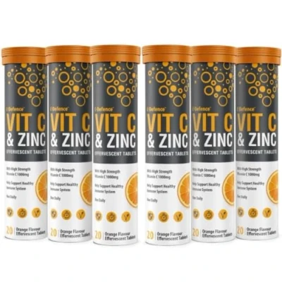 Image of Vitamin C 1000mg &amp; Zinc 15mg Orange Flavour Effervescent Tablets by Club Vits (6 Tubes of 20 Tablets)