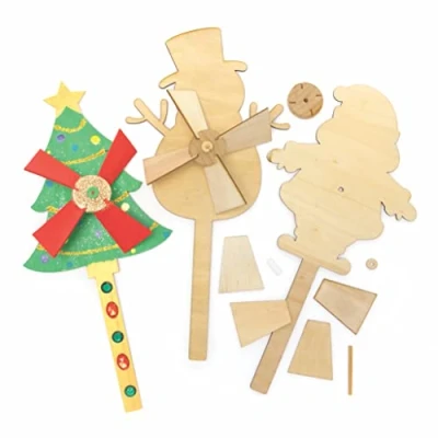 Image of Baker Ross FC209 Christmas Wooden Windmill Kits Pack of 4, Windmills for Garden, Make Your Own Wind Spinner, Crafts Children to Make, Decorate and Display