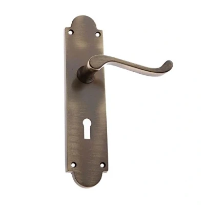 Image of Arched Victorian Scroll Door Handle on 8 Inch Backplate Lockset Antique Brass