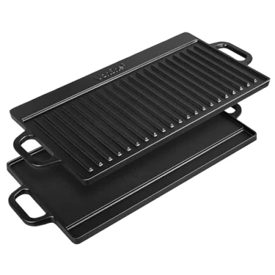 Image of VonShef Reversible Griddle Pan, Pre Seasoned Non Stick Cast Iron BBQ with Handles, Oven Safe Pan for All Hob Types