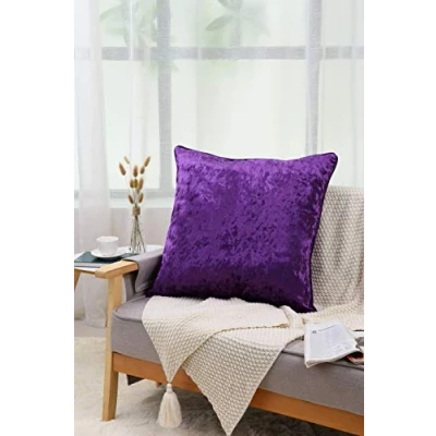 Image of 24inch Set of 2 Plain Crushed Velvet Cushion Cover with Filled Hollow Fiber Piped Edges Pillow Case Decorative Sofa Square Pillowcase for Home Garden Décor 60cm x (Pack 2) (Purple)