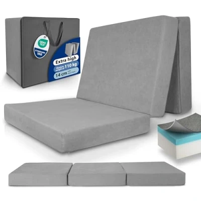Image of Beautissu Premium XL Folding mattress 90x200 cm guest bed extra thick 14cm visco foam hardness H3 high sleeping comfort, washable foldable easy transport anthracite