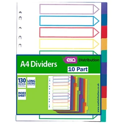Image of A4 File Dividers Plastic Coloured Tabs Subject Filing Numbered A Z (10 Part Dividers)