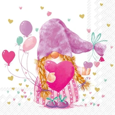 Image of 20 Napkins Children&#039;s Motifs Dwarf Lady with Hearts as Table Decoration Paper Motif Also for Decoupage and 33 x cm