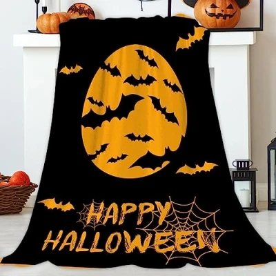 Image of JOOCAR Happy Halloween Throw Blanket Evil Night Full Moon Bats and Webs Black Cozy Soft Lightweight Flannel Plush Blankets for Bed Couch Living Room Sofa Chair,40x50 Inch