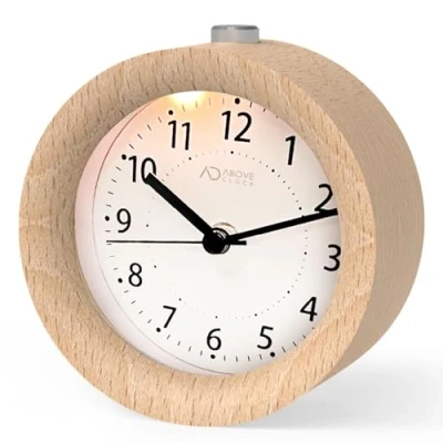 Image of aboveClock Alarm Clock Bedside, No Ticking Bedside with Snooze and Night Light Function, Analogue Battery Powered for Bedroom, Home, Kitchen, Travel, Natural Wood