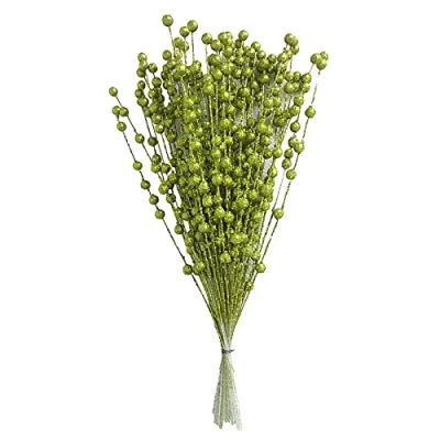 Image of Mokyler Christmas Glitter Berries Stems, 100 PCS Artificial Berry Stems Picks Beaded Sticks for Holiday Party Wedding Home Decoration, Green