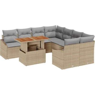 Image of vidaXL 9 Piece Garden Dining Set with Cushions in Beige Poly Rattan and Acacia