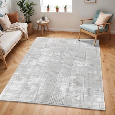 Image of Livabliss Salla Geometric Rug Scandi Area Rugs Living Room 160x220 cm, Dining, Kitchen Neutral, Abstract Patterned Rugs, Boho Style, Easy Care Pile Large Rug, White and Silver