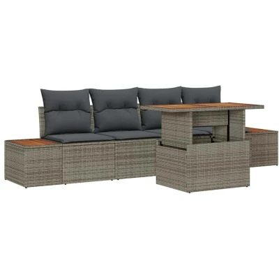 Image of vidaXL 5 Piece Garden Sofa Set with Cushions Grey Poly Rattan Acacia