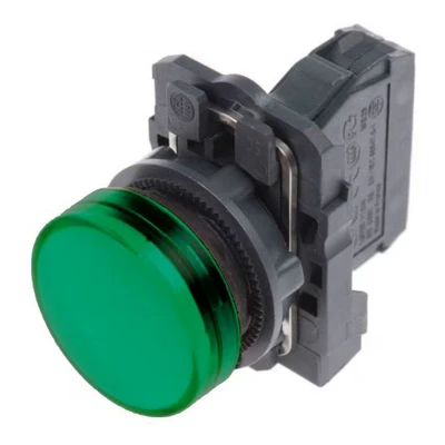 Image of Schneider Electric Harmony XB5 Pilot Indicator Light, Plastic, Plain Lens, Integral LED, Industrial Control, 22mm Mount, 230…240V AC, XB5AVM3, Green