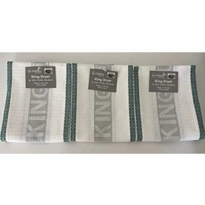 Image of Jansons Direct Linens 3 Pack of Extra Large King Dryer Tea Towel in Crisp White and Green 50cm x 90cm 100% Cotton