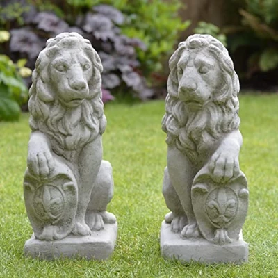 Image of ONEFOLD Stone Lion Lions With Shields Pair Hand Cast Garden Ornaments Outdoor Statue Sculpture Home Decor Singh Set of 2