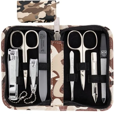Image of 3 Swords Germany brand quality 8 piece manicure pedicure grooming kit set for professional finger &amp; toe nail care scissors clipper fashion leather case in gift box, Made by (001429)