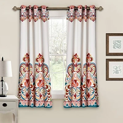 Image of Lush Decor Clara Curtains Paisley Damask Print Bohemian Style Light Filtering Window Panel Set for Living, Dining, Bedroom (Pair), 52&quot; W x 63&quot; L, Turquiose &amp; Tangerine