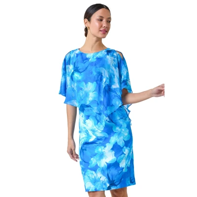 Image of Roman Womens Floral Chiffon Asymmetric Overlay Dress Blue Size 10 UK