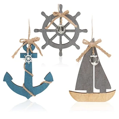 Image of com four® 3x hanging decoration with boat, steering wheel and anchor made of wood shipping to hang up maritime for the home (3 pieces 15 x 10.5cm)