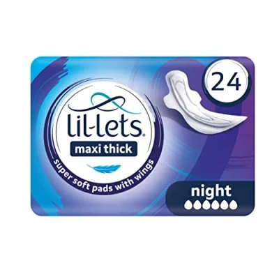 Image of Lil Lets Maxi Thick Period Pads X 24, Night Absorbency, with Wings, 1 Pack of 24 Pads, for Very Heavy/Extra Heavy Overnight Flow, Unscented, Nightime Sanitary Towel