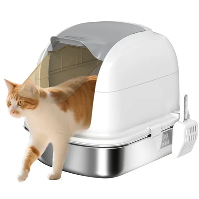 Image of Stainless Steel Cat Litter Tray with Lid Pawhut