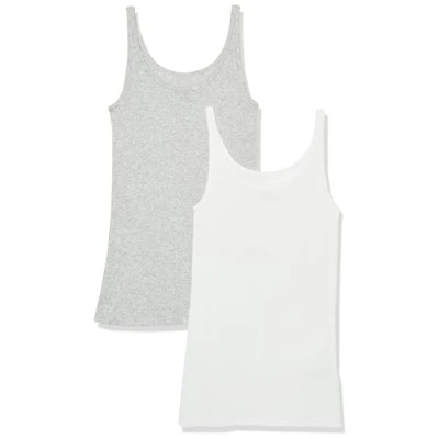 Image of Amazon Essentials Women&#039;s Slim Fit Thin Strap Tank Top, Pack of 2, Light Grey Heather/White, XXL
