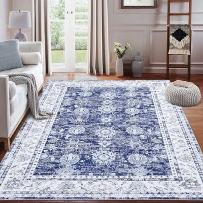 Image of LuxFocus Washable Rug for Living Room 120 x 170 cm Distressed Oriental Non Slip Carpet Low Pile Retro Accent Area Vintage Bedroom Dining Home Office Navy Blue